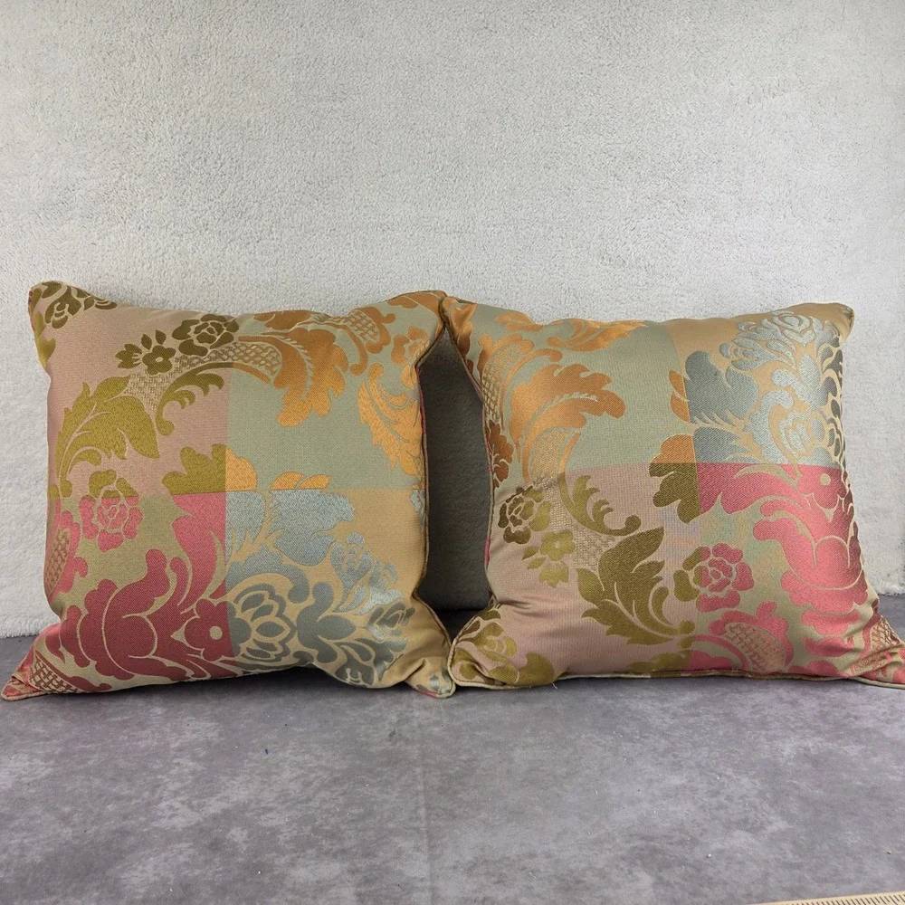 Set of 2 Damask Floral Patchwork Throw Pillows Gold Pink Green Jacquard 17x17